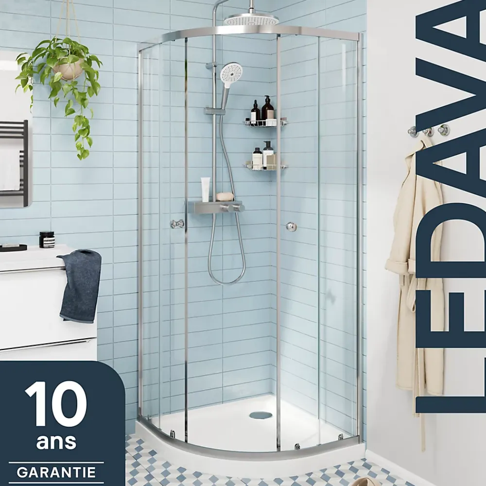 GoodHome Portes de douche coulissantes accès d'angle quart de cercle l.90 x L.90 x H.195 cm, verre transparent, profilés alu chrome, Ledava