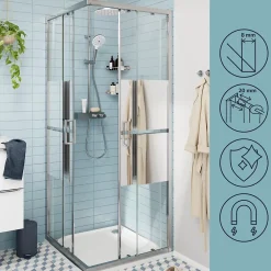 GoodHome Portes de douche coulissantes accès d'angle l.80 x L.80 x H.195 cm, bandes miroir, profilés alu chrome, Ledava
