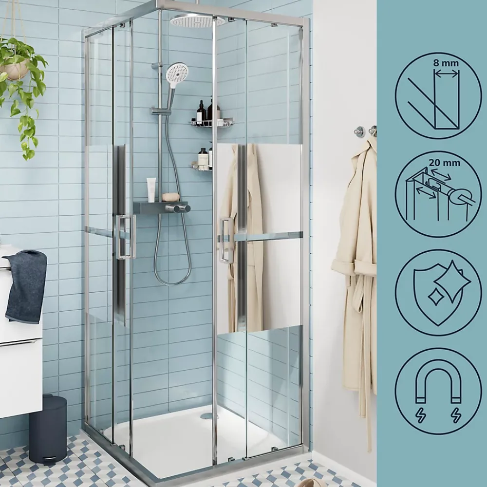 GoodHome Portes de douche coulissantes accès d'angle l.80 x L.80 x H.195 cm, bandes miroir, profilés alu chrome, Ledava