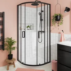 Porte De Douche|GoodHome Portes de douche coulissantes accès d'angle quart de cercle l.90 x L.90 x H.195 cm, verre transparent, profilés alu noir, Ledava