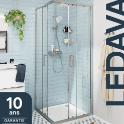 Porte De Douche|GoodHome Portes de douche coulissantes accès d'angle l.80 x L.80 x H.195 cm, verre transparent, profilés alu chrome, Ledava