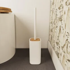 Accessoire Wc|GoodHome Pot à balai WC en céramique et bambou, blanc, Cervia