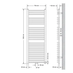 Sèche-Serviettes Mixte|Luxebath Radiateur Salle de Bain 750x1500 mm Anthracite Courbé Raccord Central au Bas avec Garniture de Raccordement Forme d'Angle