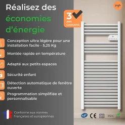 Sèche-Serviettes Électrique|Cosy up Radiateur sèche serviettes électriques à inertie sèche barres rondes 750W thermostat programmable Cosyup Olen Blanc Garantie 3 ans