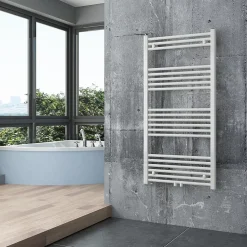 Sèche-Serviettes Eau Chaude|Bernstein Radiateur sèche-serviettes 120x60cm design salle de bain en laiton, Blanc, R18W, Avec porte-serviette droit + kit connexion blanc