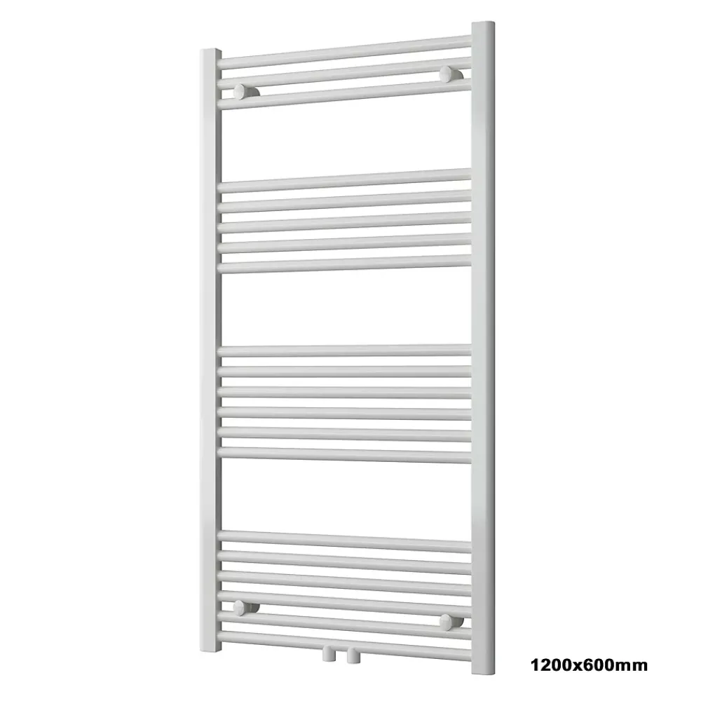 Sèche-Serviettes Eau Chaude|Bernstein Radiateur sèche-serviettes 120x60cm design salle de bain en laiton, Blanc, R18W, Avec porte-serviette droit + kit connexion blanc