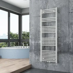 Sèche-Serviettes Eau Chaude|Bernstein Radiateur sèche-serviettes 150x50cm design salle de bain en laiton, Blanc, R18W, Avec porte-serviette droit + kit connexion blanc