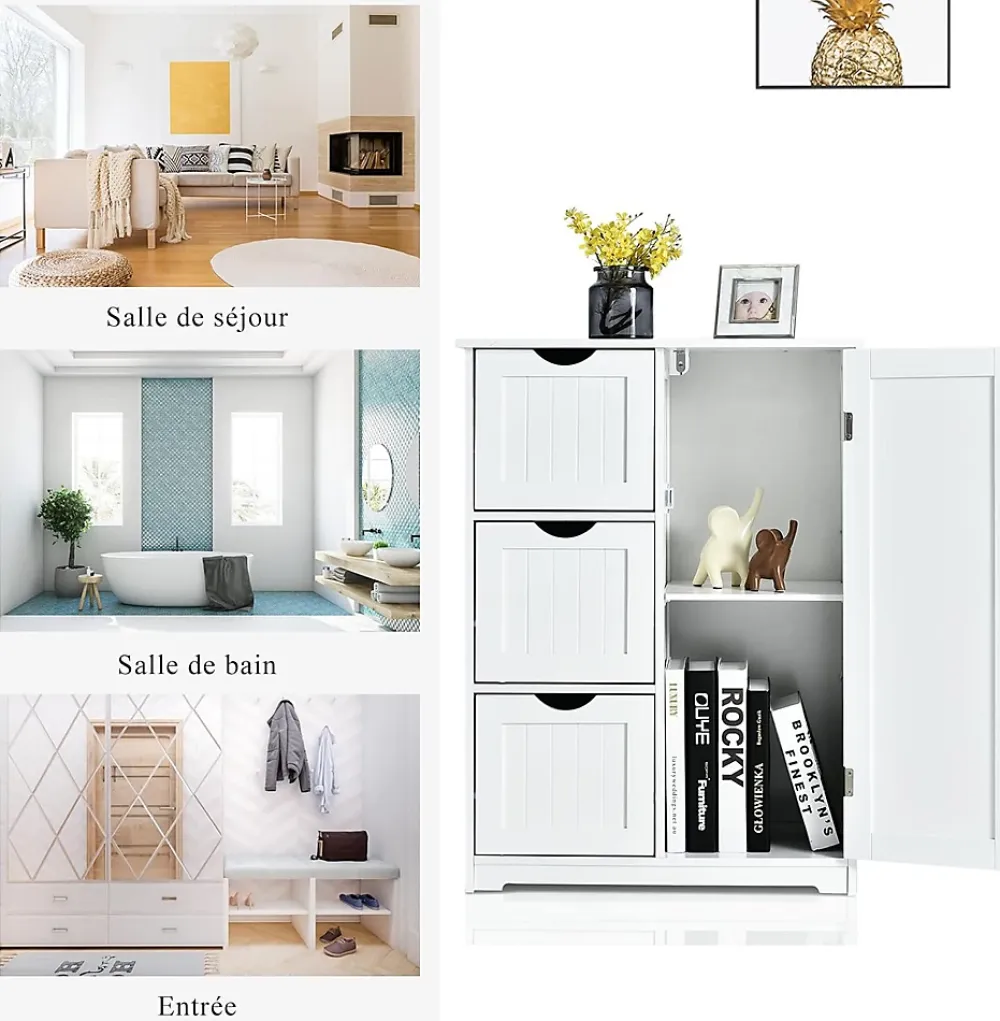 Giantex Rangement Salle de Bain 3 Tiroirs 1 Armoire Placard Porte Magnétique Anti Basculement étagère Réglable