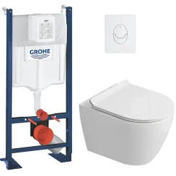 Wc Suspendu|Grohe Rapid SL Pack WC bâti autoportant + WC suspendu sans bride Ceramia avec abattant SoftClose + plaque blanche (GRRCEPXWR12-FR)