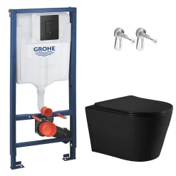 Wc Suspendu|Grohe Rapid SL pack WC bâti-support + WC sans bride Ceramia avec abattant SoftClose + plaque noir mat (GRRCE14BMT01-FR)