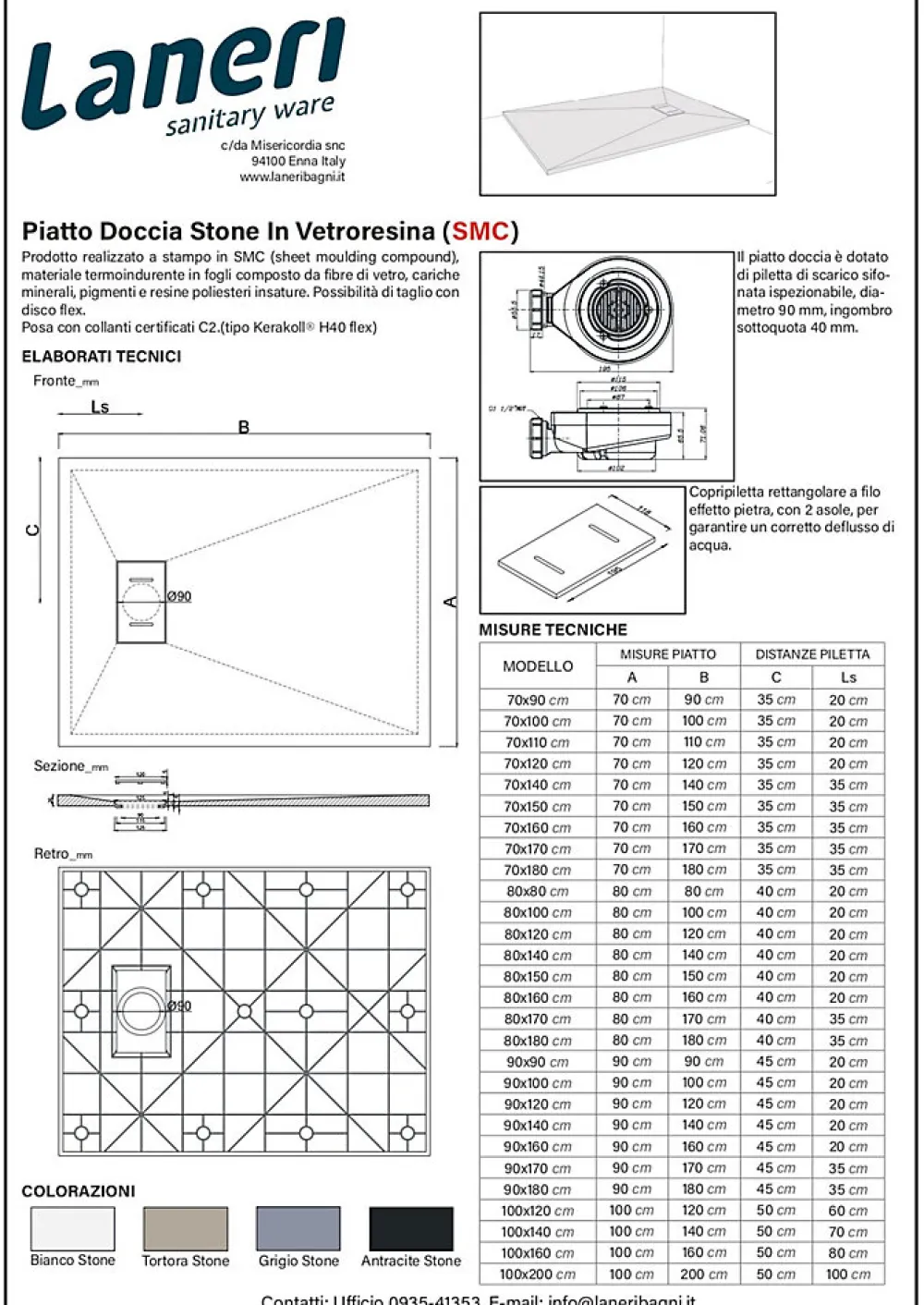 Laneri Receveur de douche SMC en fibre de verre effet pierre avec bonde inclus H. 2,6 cm 70 x 120 Blanche