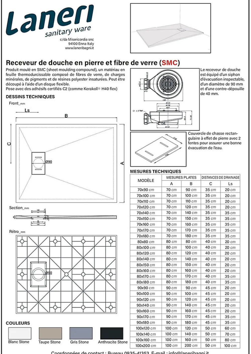 Laneri Receveur de douche SMC en fibre de verre effet pierre avec bonde inclus H. 2,6 cm 70 x 120 Blanche