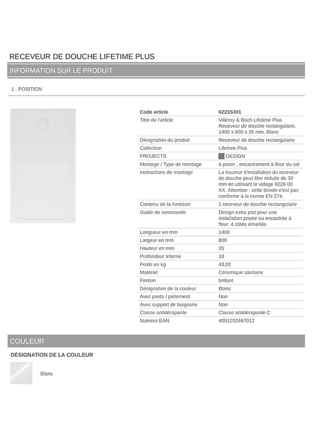 Receveur De Douche|Villeroy & Boch Receveur de douche 80 x 140 cm en céramique, blanc, Slim