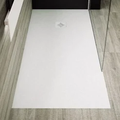 Stano Receveur de douche 100 x 150 cm extra plat PURE en resine surface ardoisee blanc Grille inox