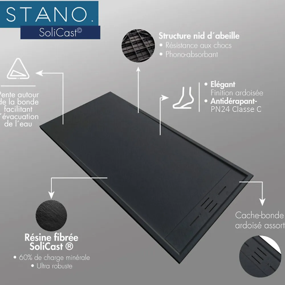 Stano Receveur de douche 90 x 170 cm extra plat blanc SALVI en SoliCast surface ardoisee