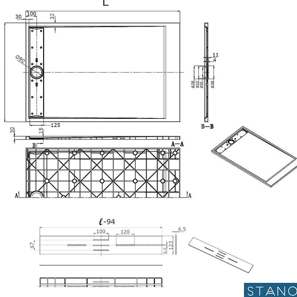 Stano Receveur de douche 90 x 170 cm extra plat blanc SALVI en SoliCast surface ardoisee