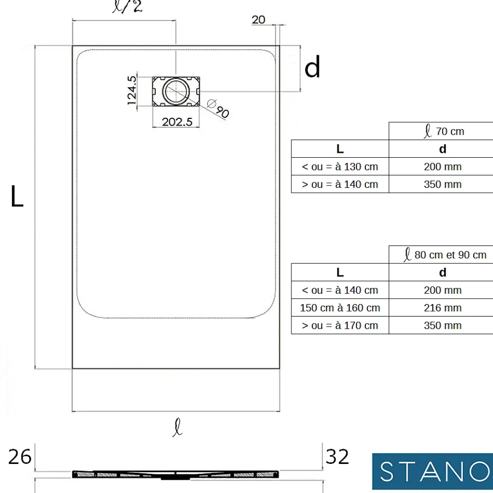 Stano Receveur de douche 70 x 120 cm extra plat blanc PIATTO en SoliCast surface ardoisee