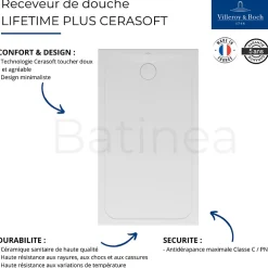 Villeroy & Boch Receveur de douche antidérapant 140 x 80 VILLEROY ET BOCH Lifetime Plus Cerasoft céramique blanc + Bonde chromé brossé