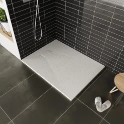 Receveur De Douche|Saniverre Receveur de douche BAYA extra-plat aspect pierre blanc 90 x 160 cm + bonde