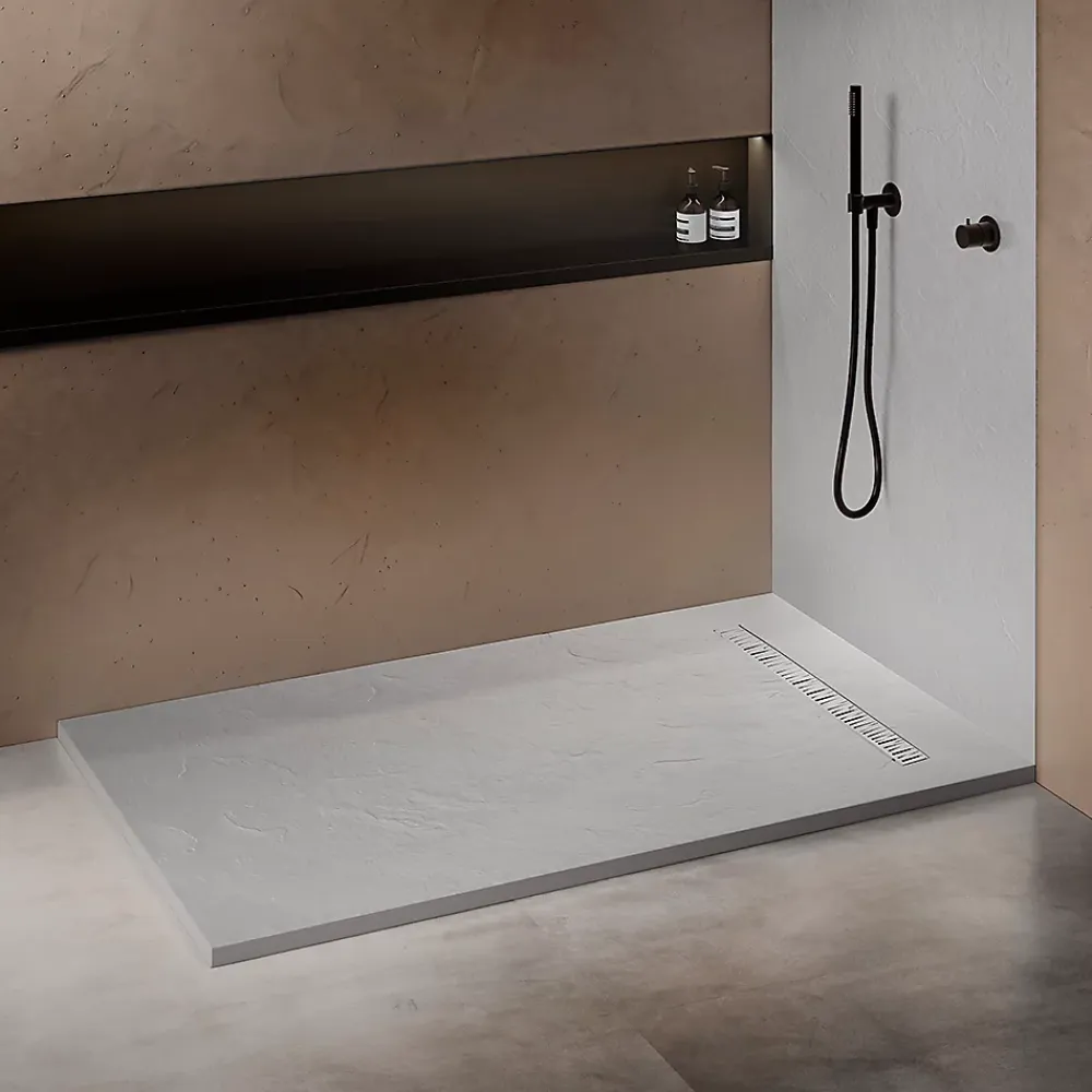 U-tile Receveur de douche blanc 200 x 100 cm haute densité aspect ardoise - grille caniveau
