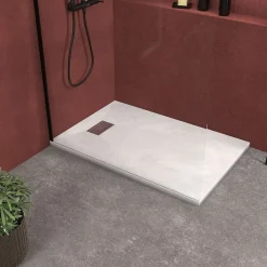 Receveur De Douche|Aurlane Receveur de douche Blanc Effet Pierre 90x140 cm et Grille décor Linéaire en Inox