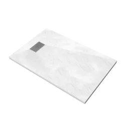 Receveur De Douche|Aurlane Receveur de douche Blanc Effet Pierre 90x140 cm et Grille décor Linéaire en Inox