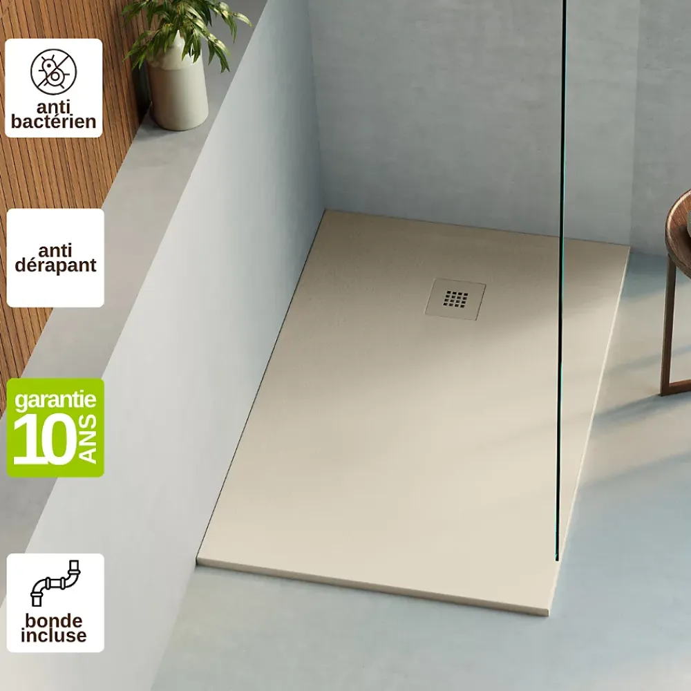 Receveur De Douche|Lavaberg Receveur de Douche Extraplat 160x80cm Beige - Résine Minérale - Antidérapant - Effet Ardoise - Bonde Incluse -