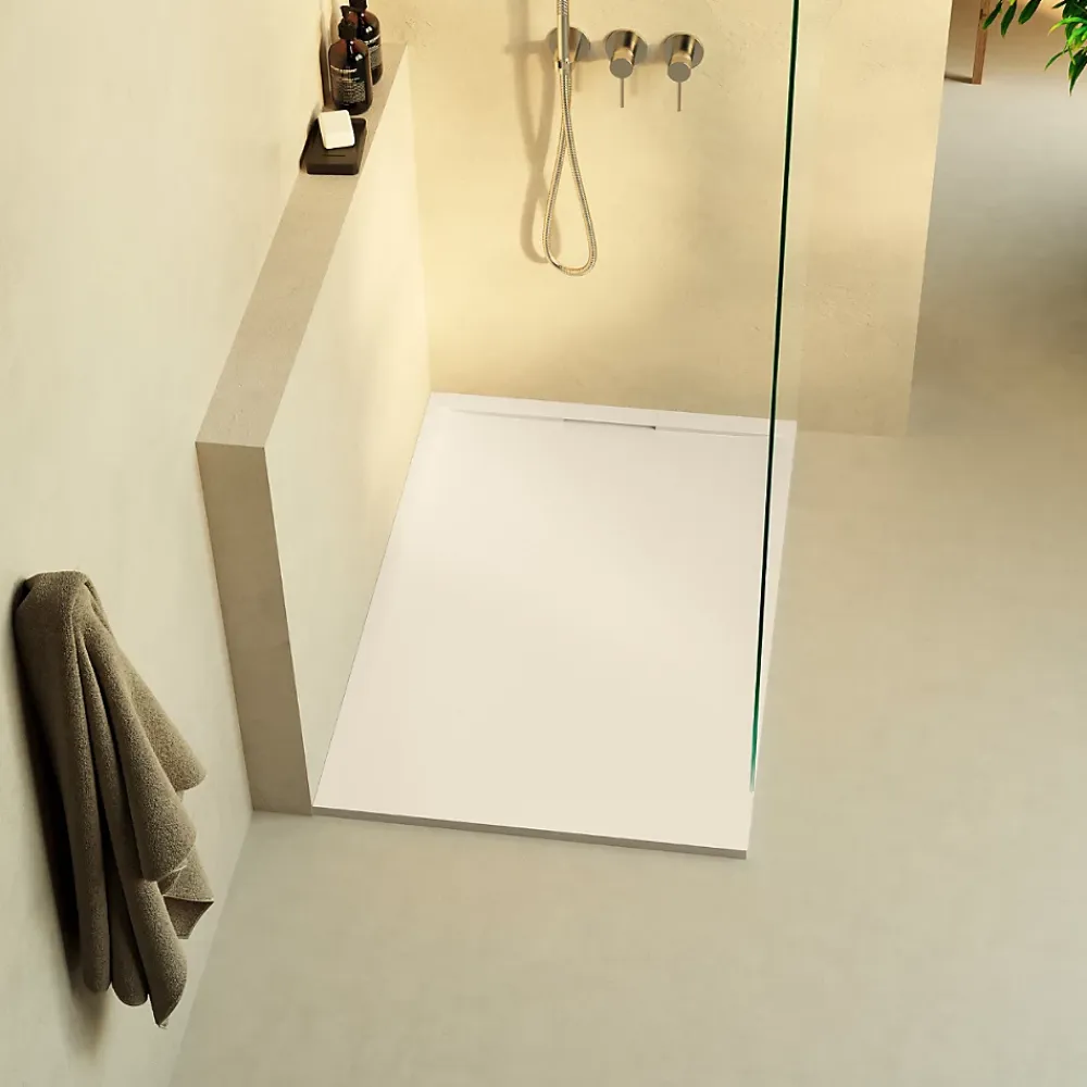 Receveur De Douche|Lavaberg Receveur de Douche Extraplat 120x80cm Beige - Résine Minérale - Antidérapant - Effet Ardoise - Bonde Incluse -