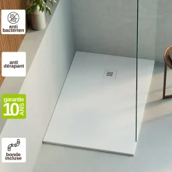 Receveur De Douche|Lavaberg Receveur de Douche Extraplat 160x80cm Blanc - Résine Minérale - Antidérapant - Effet Ardoise - Bonde Incluse -