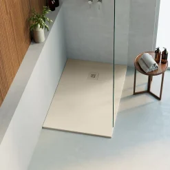 Receveur De Douche|Lavaberg Receveur de Douche Extraplat 120x90cm Beige - Résine Minérale - Antidérapant - Effet Ardoise - Bonde Incluse -