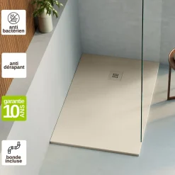 Receveur De Douche|Lavaberg Receveur de Douche Extraplat 120x90cm Beige - Résine Minérale - Antidérapant - Effet Ardoise - Bonde Incluse -