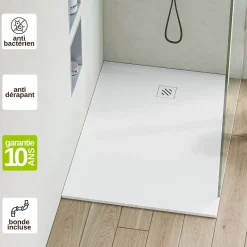 Receveur De Douche|Sanizéo Receveur de Douche Extraplat 90X110cm Blanc - Résine Minérale - Antidérapant - Effet Pierre Naturelle - RÉSIGRÈS.