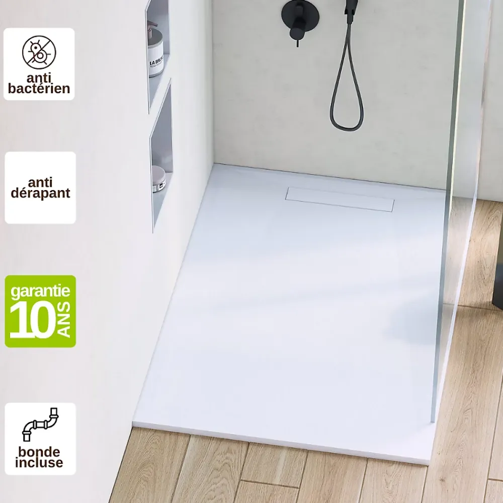 Sanizéo Receveur de Douche Extraplat 100X180cm Blanc - Résine Minérale - Antidérapant - Effet Pierre Naturelle - RÉSIGRÈS.