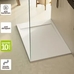 Lavaberg Receveur de Douche Extraplat 160x90cm Blanc - Résine Minérale - Antidérapant - Effet Ardoise - Bonde Incluse -