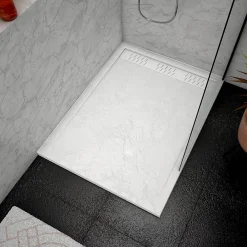 Receveur De Douche|Galedo Receveur de douche L.120 x l.90 x H.4 cm, acrylique renforcé blanc effet pierre, avec grille d'évacuation blanche, Pedra