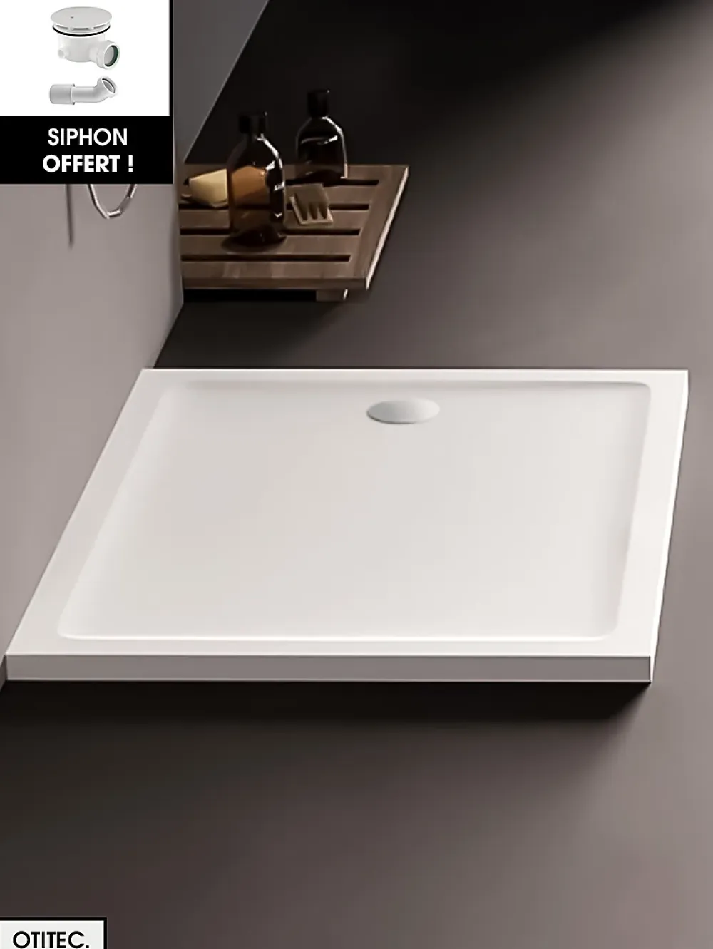 Otitec Receveur de Douche Rectangle - 80 x 90 x 4,5 cm - Blanc - avec Siphon OFFERT - MOON