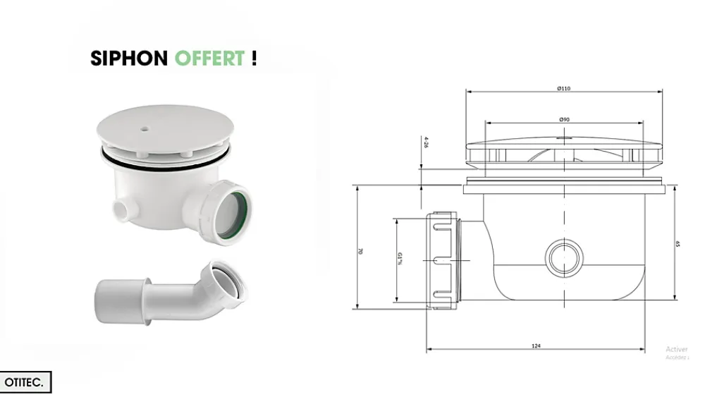 Otitec Receveur de Douche Rectangle - 80 x 90 x 4,5 cm - Blanc - avec Siphon OFFERT - MOON