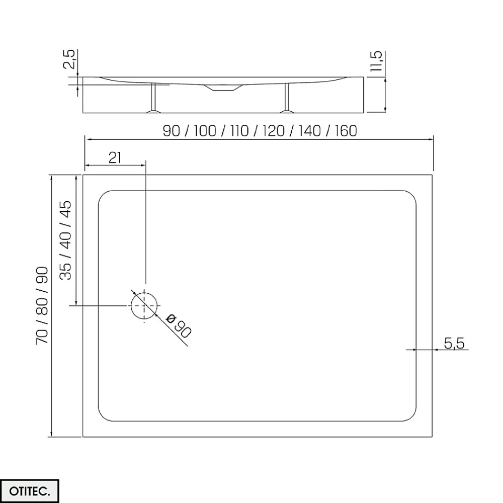 Receveur De Douche|Otitec Receveur de Douche Rectangle - 90 x 140 x 11,5 cm - Blanc - avec Siphon OFFERT - MOON