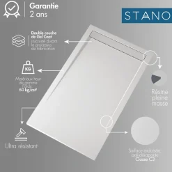 Receveur De Douche|Stano Receveur de douche 80x170 cm extra plat CLEVER en resine surface ardoisee blanc