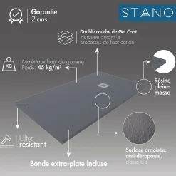 Stano Receveur de douche 90x170cm extra plat MADISON en resine surface ardoisee anthracite