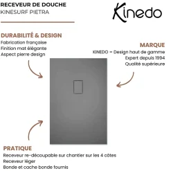 Kinedo Receveur Kinesurf découpable 120x90 blanc aspect pierre avec cache-bonde assorti et bonde extra-plate