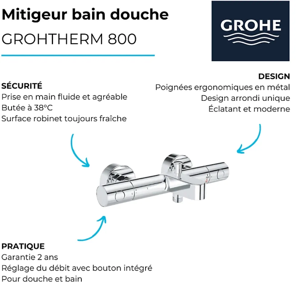 Grohe Robinet bain douche thermostatique Grohtherm 800 Cosmopolitan 1/2