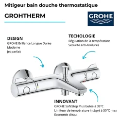 Grohe Robinet bain thermostatique Grohtherm 800 avec ensemble de douche 2 jets et colonnettes