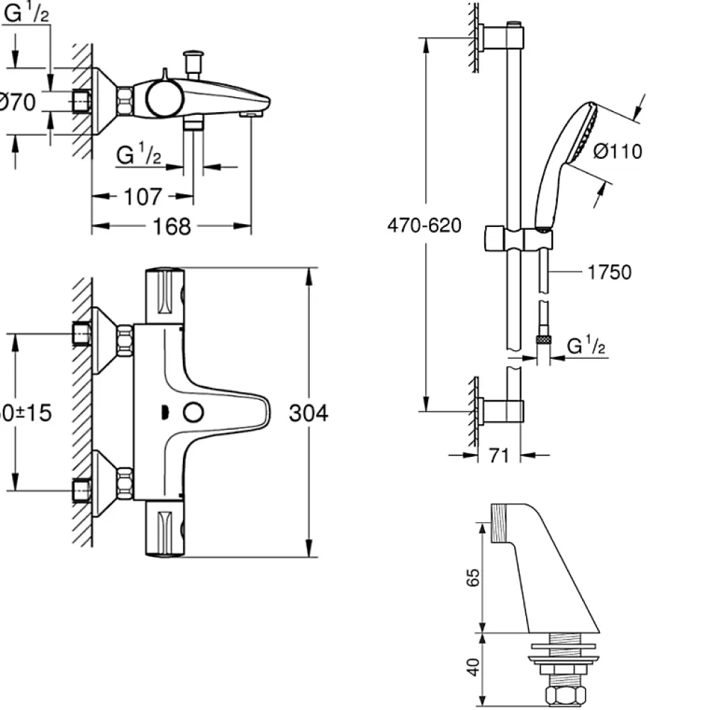 Grohe Robinet bain thermostatique Grohtherm 800 avec ensemble de douche 2 jets et colonnettes