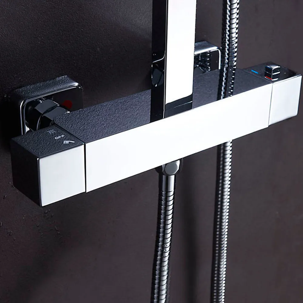 Kibath Robinet de colonne de douche thermostatique carré avec finition chromée brillante en laiton