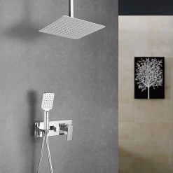 Kibath Robinet de douche encastré, levier unique monté au plafond, carré, finition chrome poli, en laiton