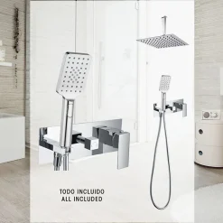 Kibath Robinet de douche encastré, levier unique monté au plafond, carré, finition chrome poli, en laiton