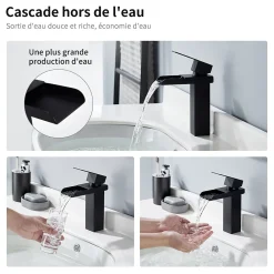 Robinet Lavabo Et Vasque|Homelody Robinet de Lavabo Cascade Noir Mitigeur de Lavabo Mono-trou Robinetterie Lave-mains Monocommande Robinet Salle de Bain