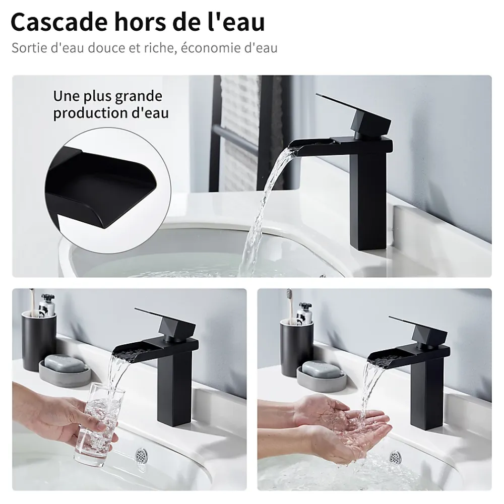 Robinet Lavabo Et Vasque|Homelody Robinet de Lavabo Cascade Noir Mitigeur de Lavabo Mono-trou Robinetterie Lave-mains Monocommande Robinet Salle de Bain