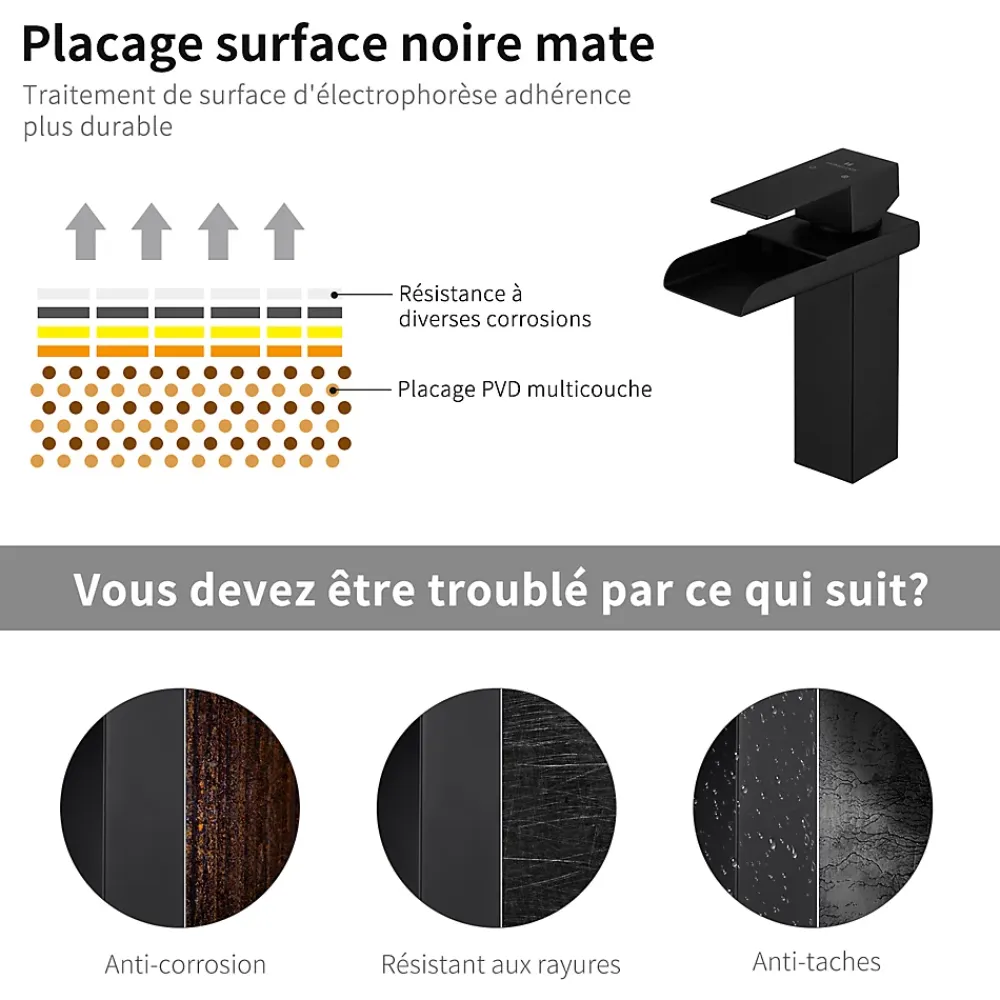 Robinet Lavabo Et Vasque|Homelody Robinet de Lavabo Cascade Noir Mitigeur de Lavabo Mono-trou Robinetterie Lave-mains Monocommande Robinet Salle de Bain